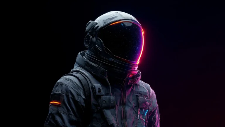 Futuristic astronaut wearing glowing cyberpunk space suit with neon pink and blue lighting wallpaper
