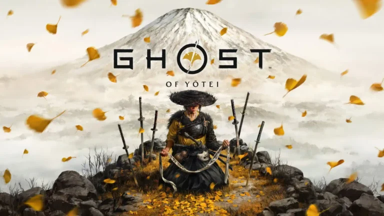 ghost of yotei samurai fallen leaves warrior kneeling swords autumn mountain cinematic scene uhd wallpaper