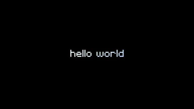 Minimal pixel art hello world text on a black retro coding inspired background wallpaper
