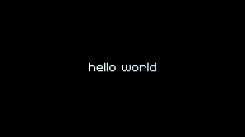 Minimal pixel art hello world text on a black retro coding inspired background wallpaper