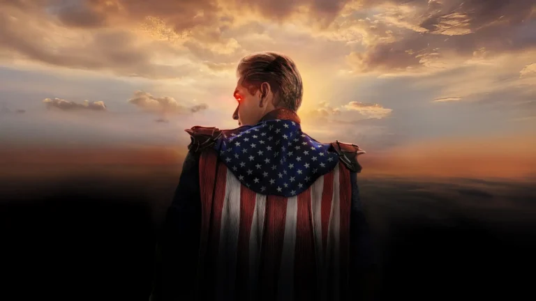 Homelander from The Boys Season 5 with glowing red eyes and American flag cape at sunset wallpaper
