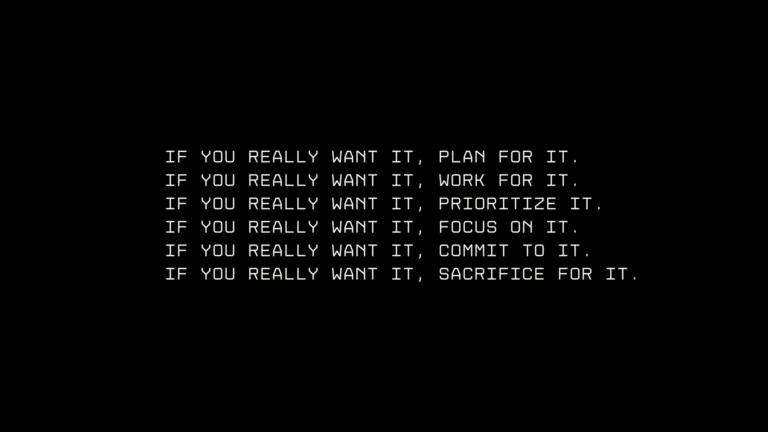 Minimal black motivational wallpaper with white text about planning working focusing and sacrificing for success