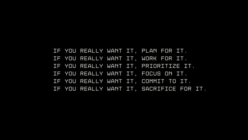 Minimal black motivational wallpaper with white text about planning working focusing and sacrificing for success