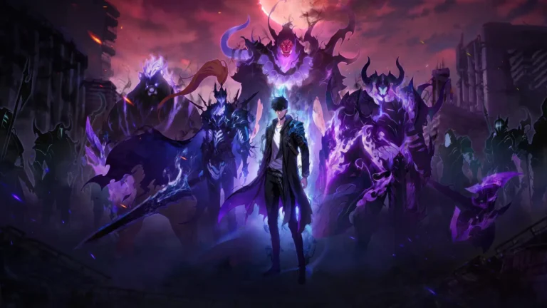 jin woo shadow monarch aura solo leveling dark fantasy scene glowing purple shadows powerful anime character ruined city uhd wallpaper