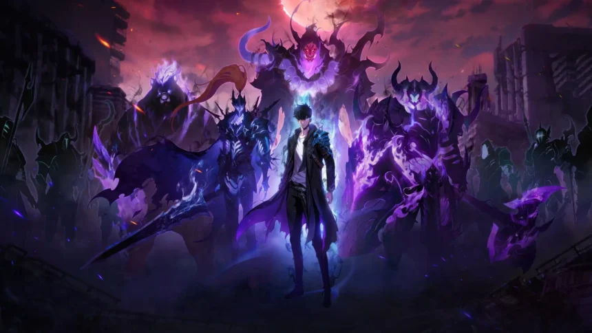 jin woo shadow monarch aura solo leveling dark fantasy scene glowing purple shadows powerful anime character ruined city uhd wallpaper