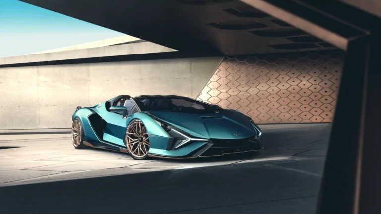 Turquoise Lamborghini Sian futuristic supercar parked inside a modern luxury architectural space wallpaper