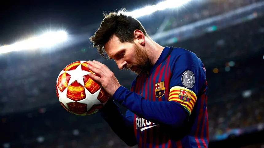 Lionel Messi holding a Champions League football while wearing a Barcelona jersey under bright stadium lights wallpaper