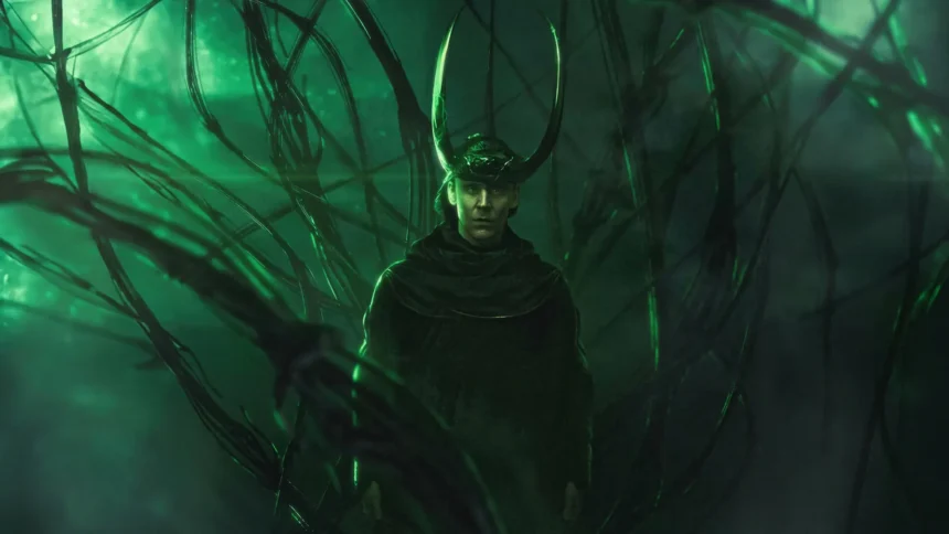 Loki standing before the glowing Yggdrasil multiverse tree surrounded by mystical green energy Marvel wallpaper