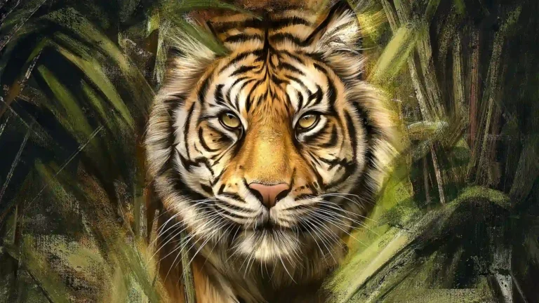 majestic tiger jungle painting close up face wildlife art textured brush strokes green foliage uhd wallpaper