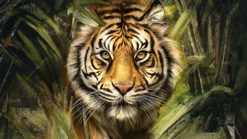 majestic tiger jungle painting close up face wildlife art textured brush strokes green foliage uhd wallpaper