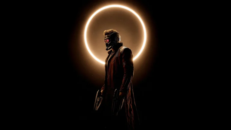 Marvel Star Lord standing beneath a glowing eclipse ring in a dark cosmic sci fi scene with futuristic armor wallpaper