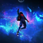Miles Morales floating through glowing cosmic galaxy in Spider Verse neon multiverse wallpaper