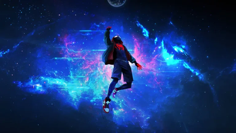 Miles Morales floating through glowing cosmic galaxy in Spider Verse neon multiverse wallpaper