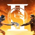 Mortal Kombat 2 Kitana fighting Johnny Cage in a fiery battle arena with glowing dragon logo and cinematic action effects wallpaper
