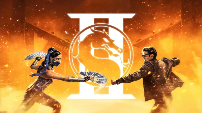 Mortal Kombat 2 Kitana fighting Johnny Cage in a fiery battle arena with glowing dragon logo and cinematic action effects wallpaper