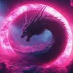 Dark fantasy dragon wrapped around a glowing pink moon eclipse surrounded by neon purple clouds in a cosmic night sky wallpaper