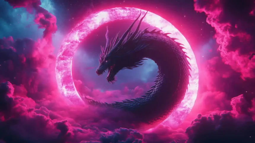 Dark fantasy dragon wrapped around a glowing pink moon eclipse surrounded by neon purple clouds in a cosmic night sky wallpaper