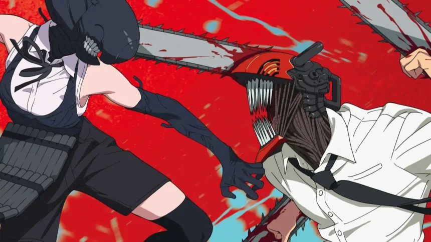 reze vs denji chainsaw battle scene anime fight action red background chainsaw man intense combat uhd wallpaper
