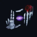 Dark anime artwork featuring a glowing purple Rinnegan eye surrounded by shadows and skeletal hands wallpaper