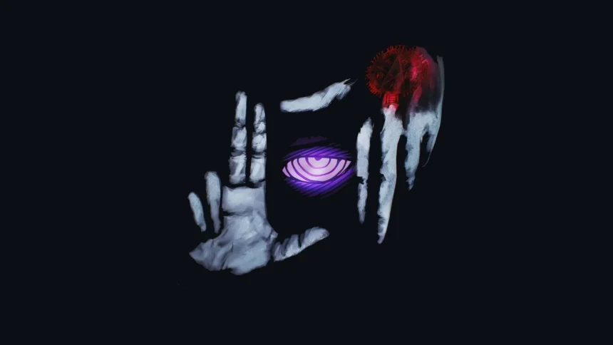 Dark anime artwork featuring a glowing purple Rinnegan eye surrounded by shadows and skeletal hands wallpaper