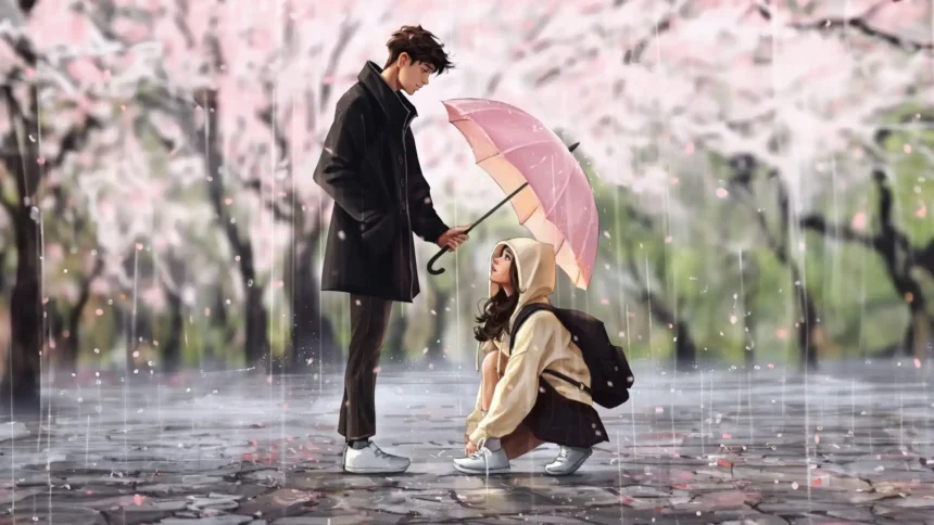 Romantic anime couple standing in the rain under a pink umbrella surrounded by cherry blossom trees wallpaper