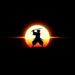 Minimal samurai silhouette holding a katana in front of a glowing red sunset on a dark background wallpaper