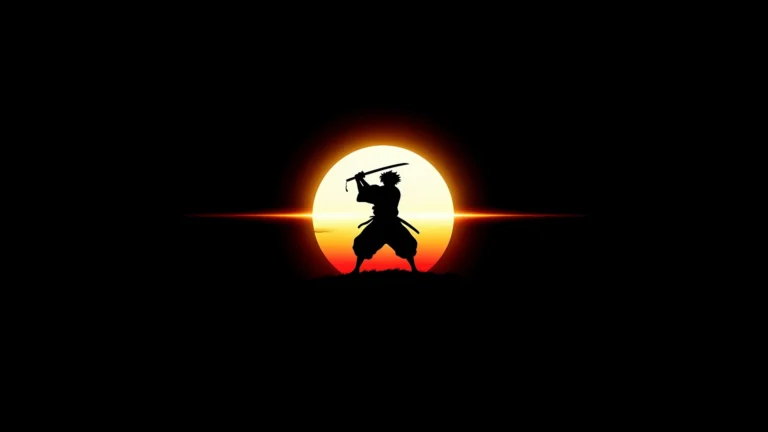 Minimal samurai silhouette holding a katana in front of a glowing red sunset on a dark background wallpaper