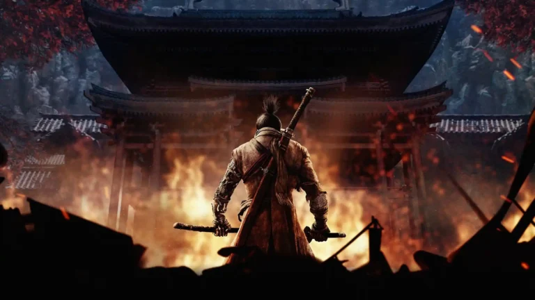 sekiro shadows die twice epic samurai burning temple fire scene lone warrior sword dark cinematic atmosphere uhd wallpaper