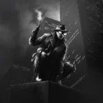 Black and white Spider Noir hero crouching above a dark city skyline with glowing eyes wallpaper