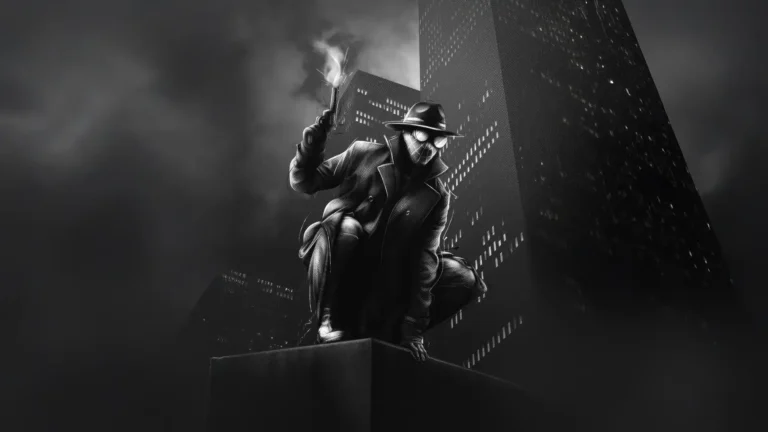 Black and white Spider Noir hero crouching above a dark city skyline with glowing eyes wallpaper