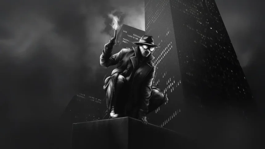 Black and white Spider Noir hero crouching above a dark city skyline with glowing eyes wallpaper