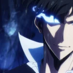 Sung Jin-Woo with glowing blue shadow aura in a dark rainy Solo Leveling anime scene wallpaper