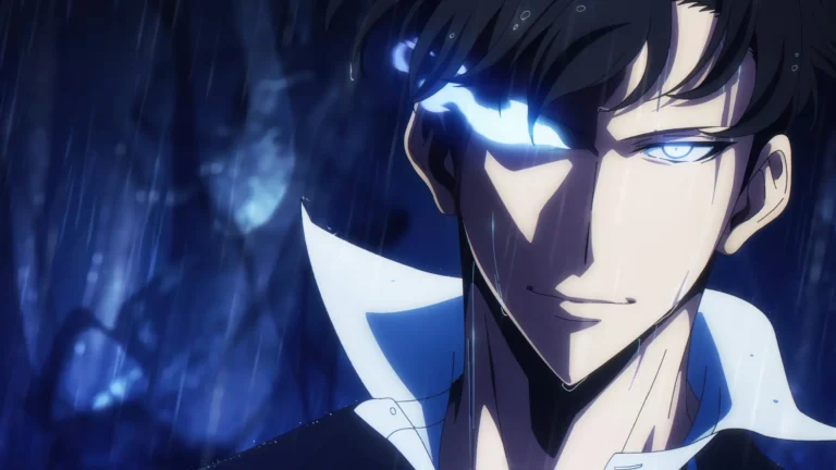 Sung Jin-Woo with glowing blue shadow aura in a dark rainy Solo Leveling anime scene wallpaper