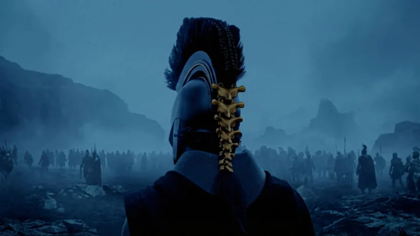 Ancient armored warrior overlooking a dark cinematic battlefield in blue fog wallpaper