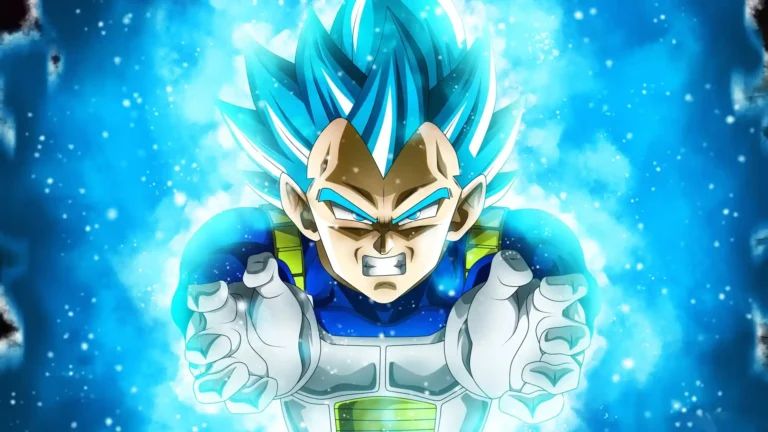 Vegeta Super Saiyan Blue surrounded by glowing blue aura energy from Dragon Ball wallpaper