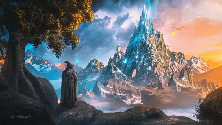 Fantasy wizard standing before glowing magical mountains with dragons and cinematic mystical landscape wallpaper