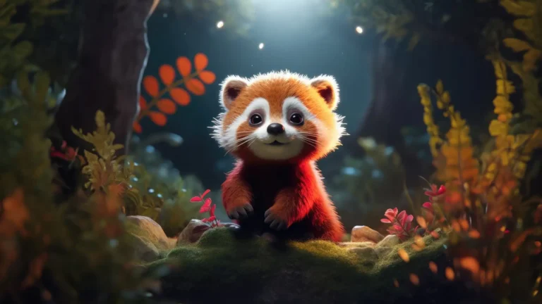 Cute red panda sitting in a dreamy illuminated forest surrounded by magical foliage wallpaper