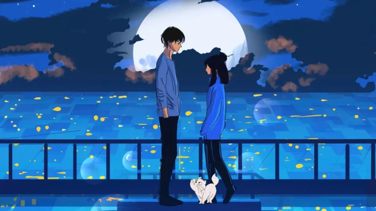 Anime couple standing beneath a full moon with a white cat under a peaceful night sky wallpaper
