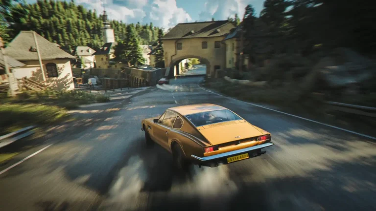 Classic Aston Martin drifting through a European village during a high-speed chase in 007 First Light wallpaper