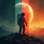Astronaut standing before a giant planet in a mysterious cosmic landscape UHD wallpaper