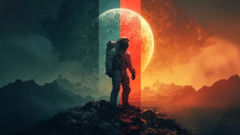 Astronaut standing before a giant planet in a mysterious cosmic landscape UHD wallpaper
