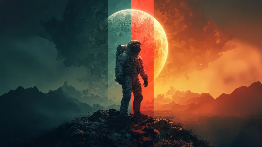 Astronaut standing before a giant planet in a mysterious cosmic landscape UHD wallpaper