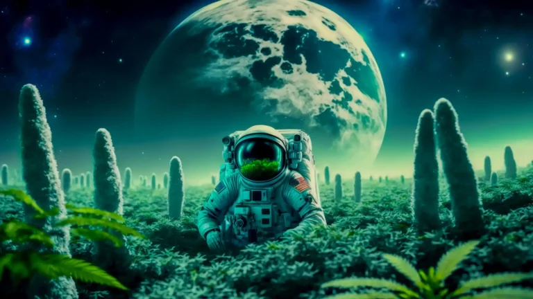 Lone astronaut exploring a mysterious alien landscape beneath a giant glowing moon wallpaper