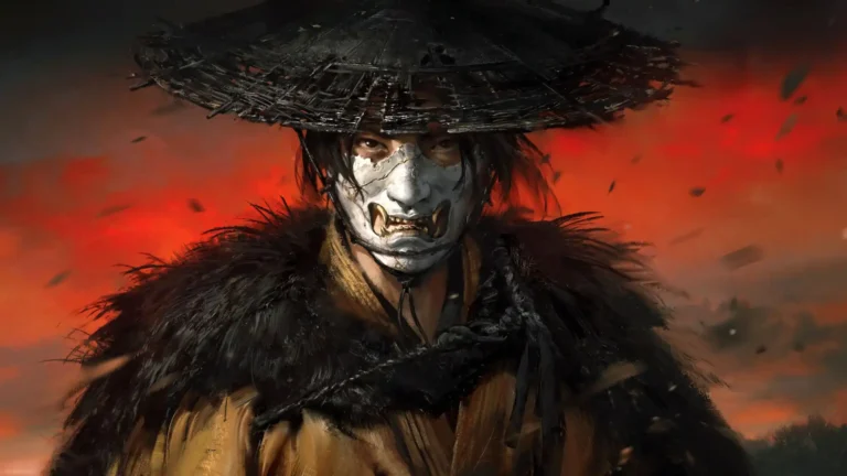 Atsu Ghost of Yotei warrior portrait wearing a fierce mask beneath a straw hat wallpaper