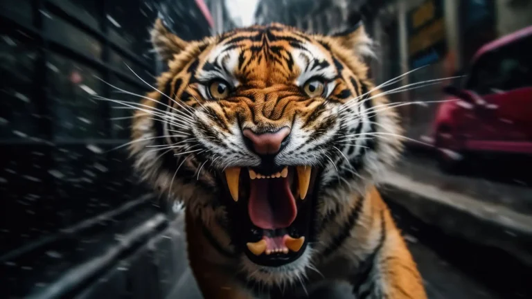 Roaring Bengal tiger charging forward with intense speed and fierce expression wallpaper