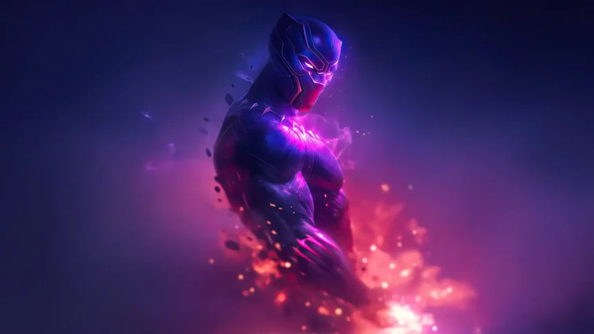 Black Panther surrounded by glowing purple vibranium energy and cosmic sparks wallpaper
