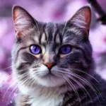 Tabby cat with vibrant purple eyes surrounded by pink cherry blossoms in a dreamy spring portrait wallpaper