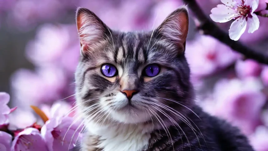 Tabby cat with vibrant purple eyes surrounded by pink cherry blossoms in a dreamy spring portrait wallpaper