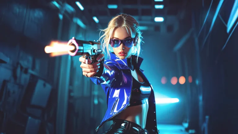 Cyberpunk 2077 futuristic assassin aiming a glowing weapon in a neon-lit sci-fi corridor wallpaper