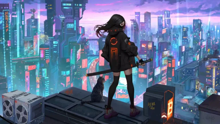 Cyberpunk Samurai Girl Over Neon City featuring a futuristic warrior overlooking a vibrant neon metropolis wallpaper